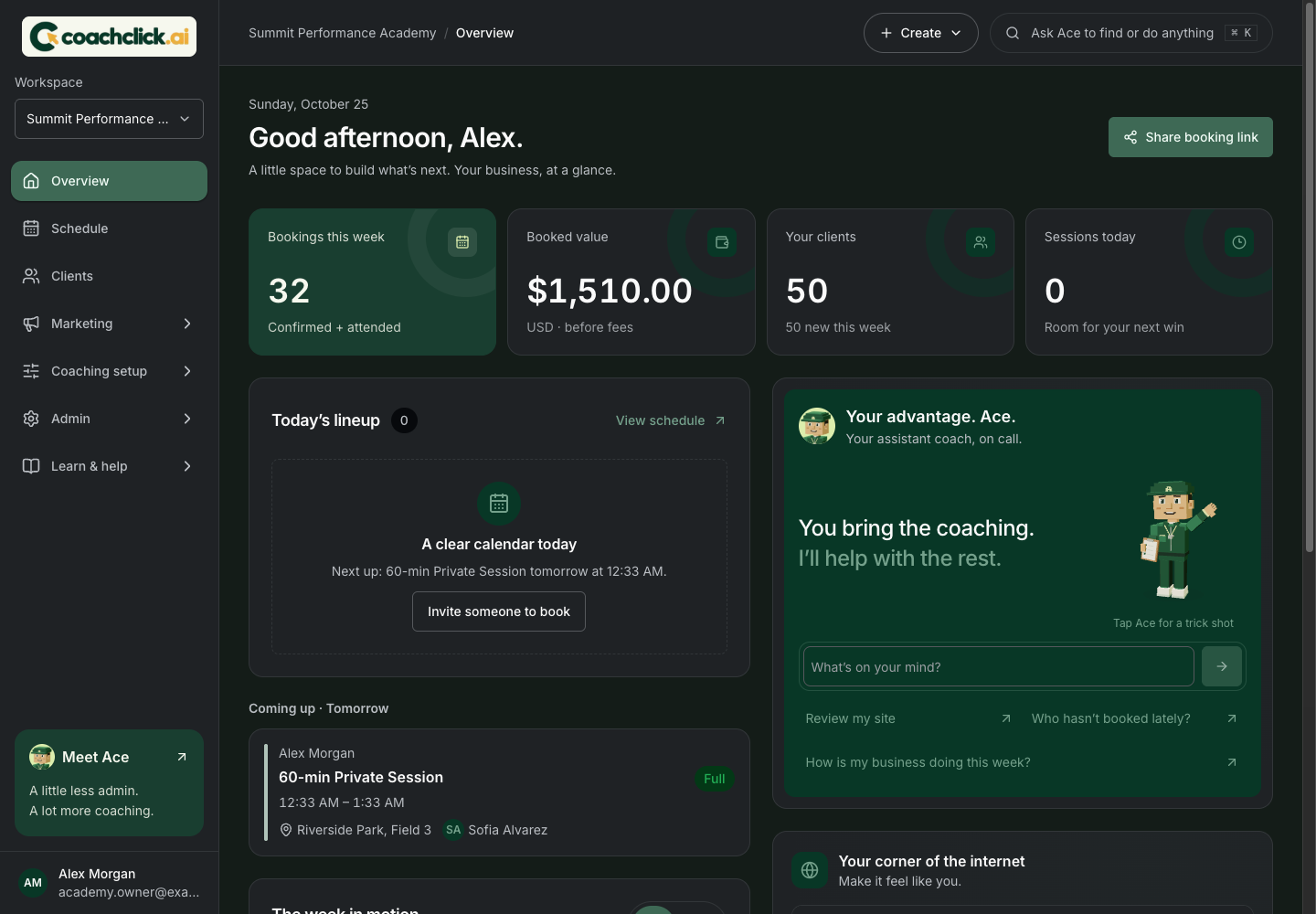 CoachClick.ai dashboard showing the schedule, booking statistics, and Ace