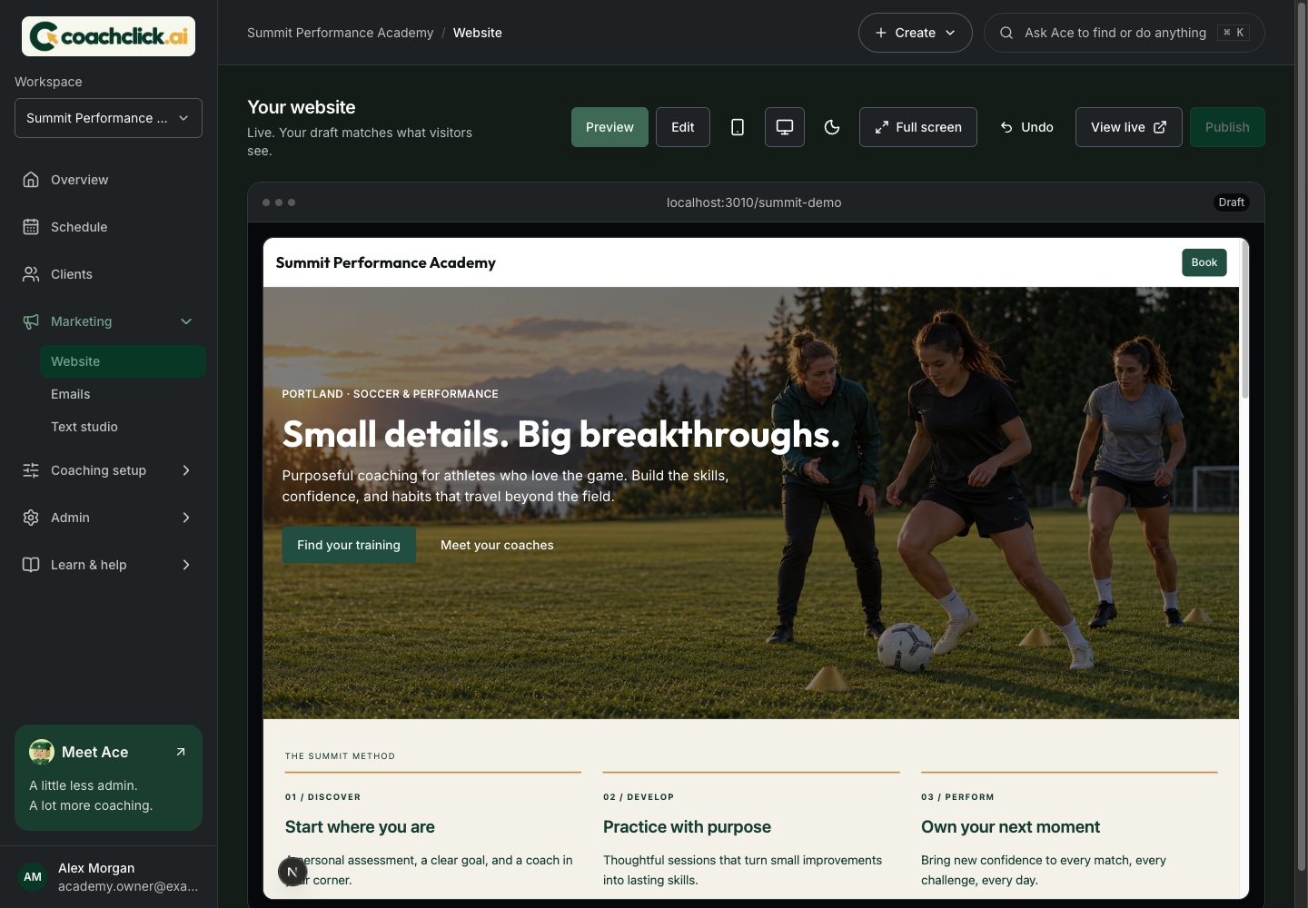 CoachClick.ai website editor showing a custom academy website